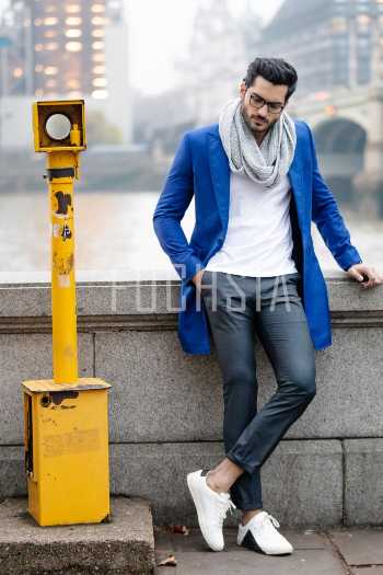 Blue jacket, white scarf, mens fashion
